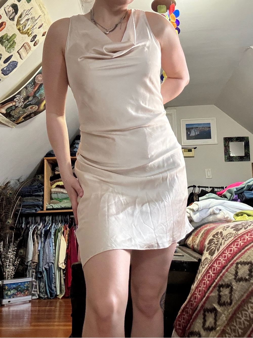Jennifer Lopez Satin Cowl Neck Mini Dress in Light Cream